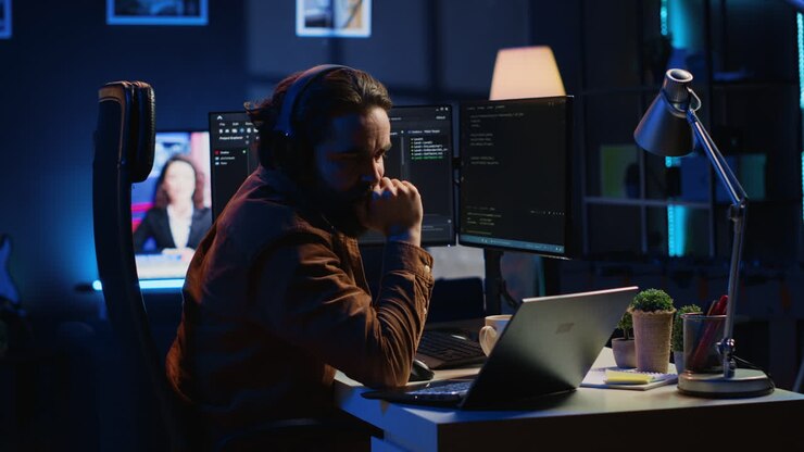 Programmer yang panik mengetuk meja dengan jari dengan tidak sabar saat menulis kode