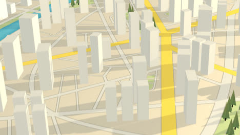 Stadtverkehrssystem-Auf-Dem-Weißen,-Abstrakten-GPS-Stadtplan-Mit-Der-3D-Darstellung-Von-Wolkenkratzern-Und-Bäumen.-Das-Kartografische-Plankonzept-Ist-Voll-Von-Straßen-Und-Routen