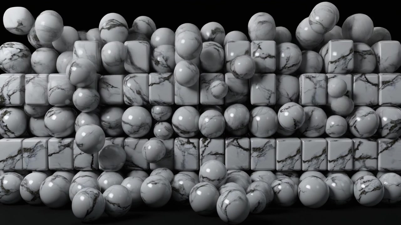 Abstract 3D Animation of Marble Spheres Transforming into Cubes