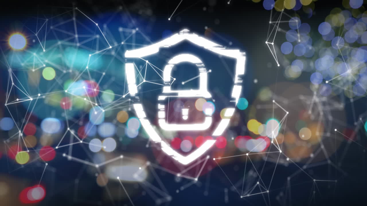 animación del icono del candado de seguridad y la red de conexiones frente a la vista del tráfico nocturno de la ciudad