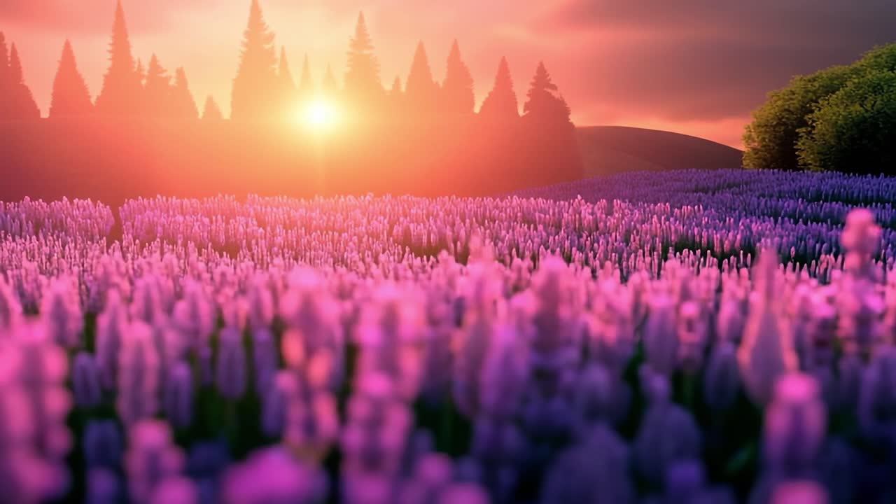 Lavender field at sunset with trees. A vibrant lavender field stretches under a glowing sunset, surrounded by tall trees enjoying the serene landscape.