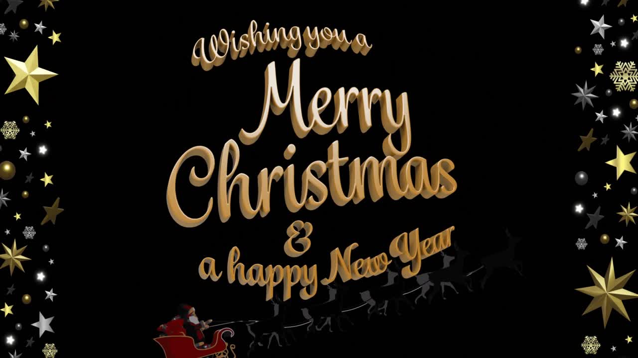 검은색 배경 에 있는 크리스마스 축하 문자 와 장식물 의 애니메이션