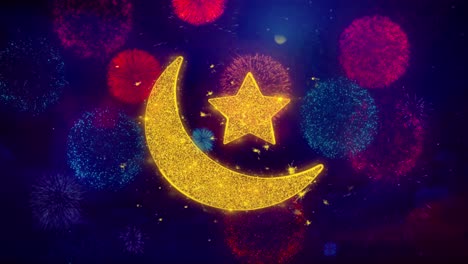 golden crescent moon and star with fireworks