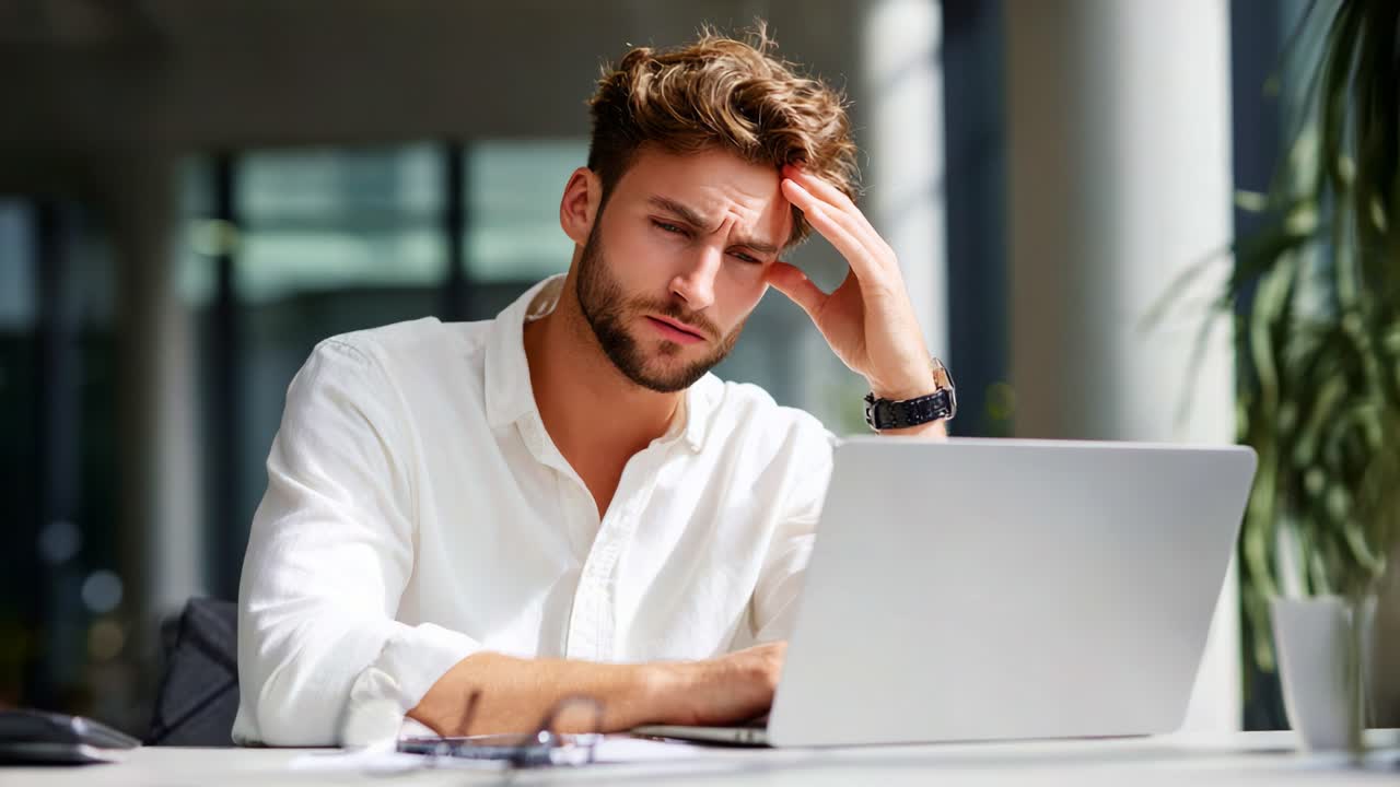 A young man exhibiting frustration and concern while working on his laptop in a bright, modern office environment, reflecting the challenges of remote work