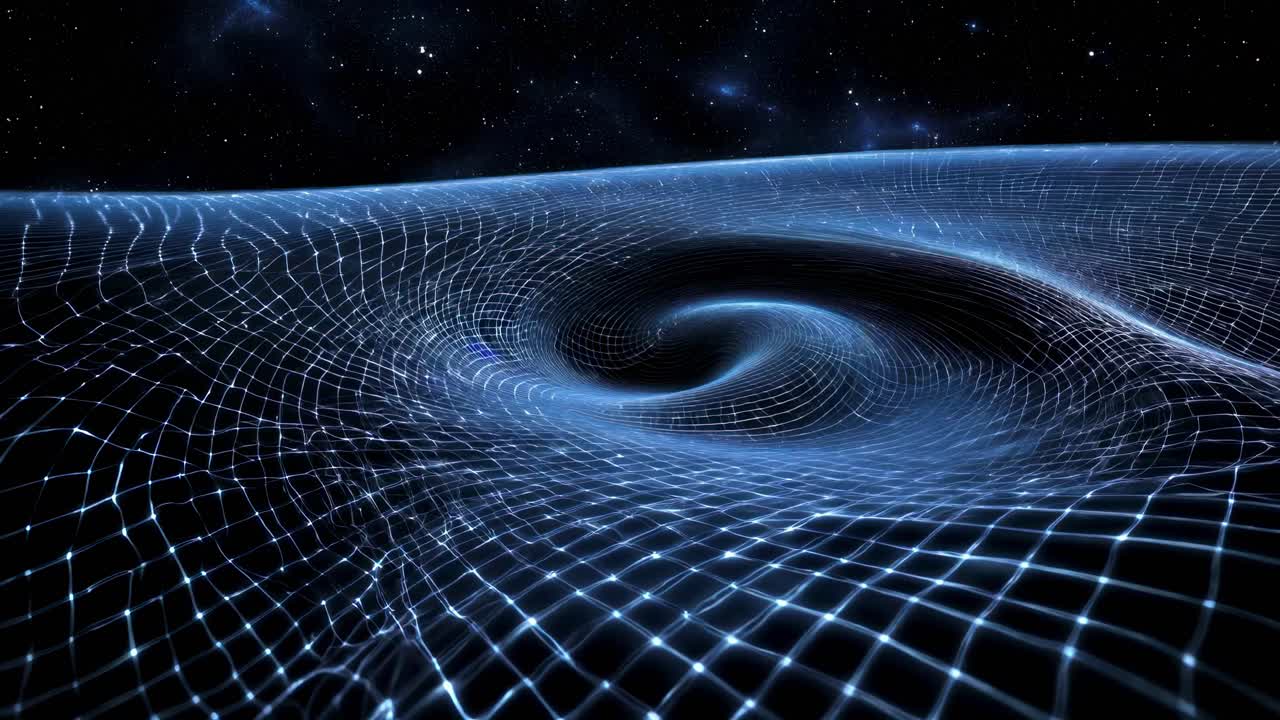 A cosmic video concept showing a wormhole in space. Aerial angle captures the swirling grid pattern