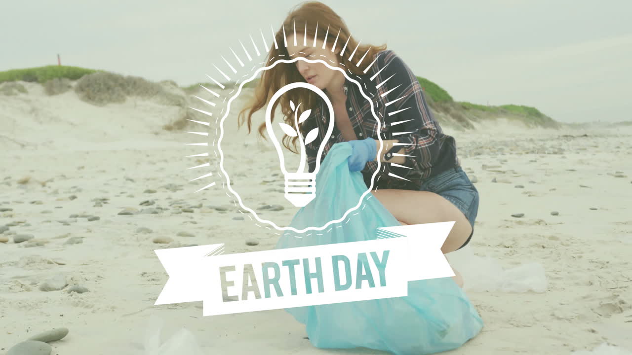 Cleaning beach, person collecting trash with Earth Day animation over scene