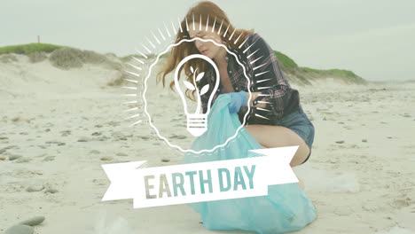 cleaning beach, person collecting trash with earth day animation over scene