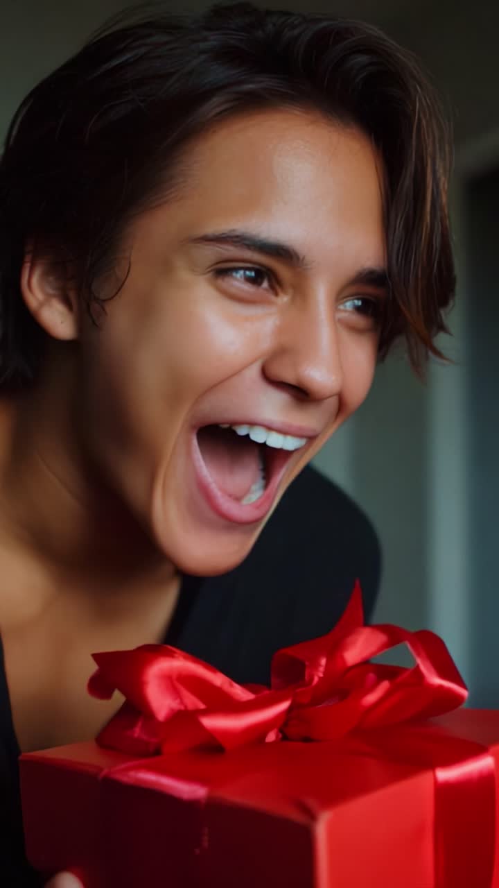 A Joyful Moment of Surprise: A Young Person Expresses Delight While Holding a Beautifully Wrapped Gift with Red Ribbon, Capturing the Essence of Excitement and Happiness in Their Smile