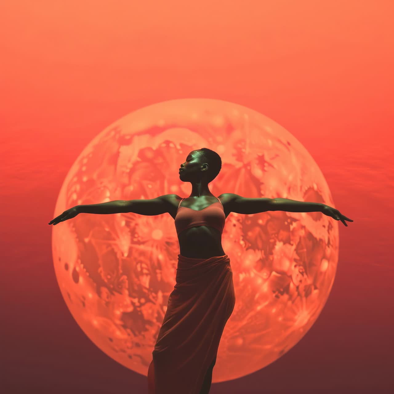 Una ripresa drammatica dal basso di una donna in silhouette su una vivida luna arancione