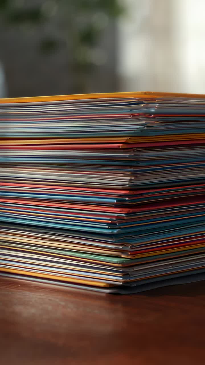 Vertical video: Camera holding focus on tall multicolored folder stack on wooden table, for study