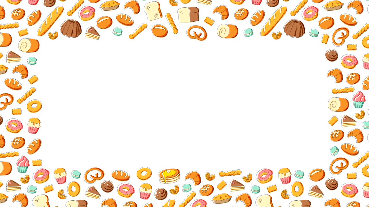 patrón de marco móvil de panadería fondo dibujos animados ilustración de dibujo a mano aislada en fondo blanco animación de bucle sin costuras 4k, con espacio de copia central