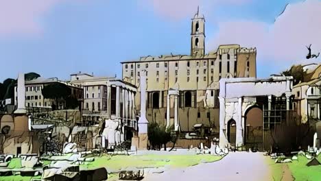 Present-and-past-of-Roman-Forum-of-Rome-in-Italy,-cartoon-animation-reconstruction