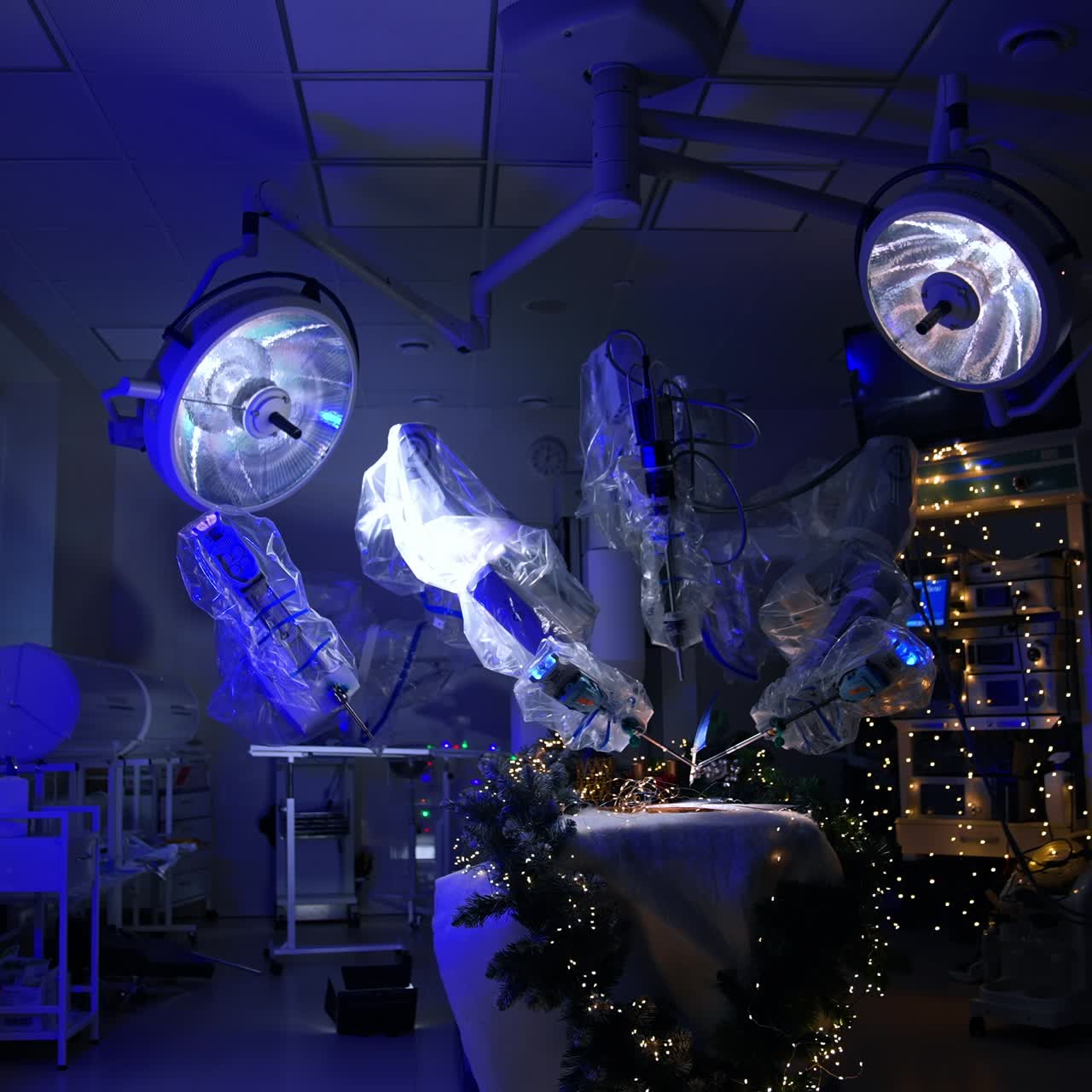 Modern dark surgical room with Da Vinci robot in the middle. Futuristic equipment managing the writing pen over the sheet of paper. Garlands are on in the ward