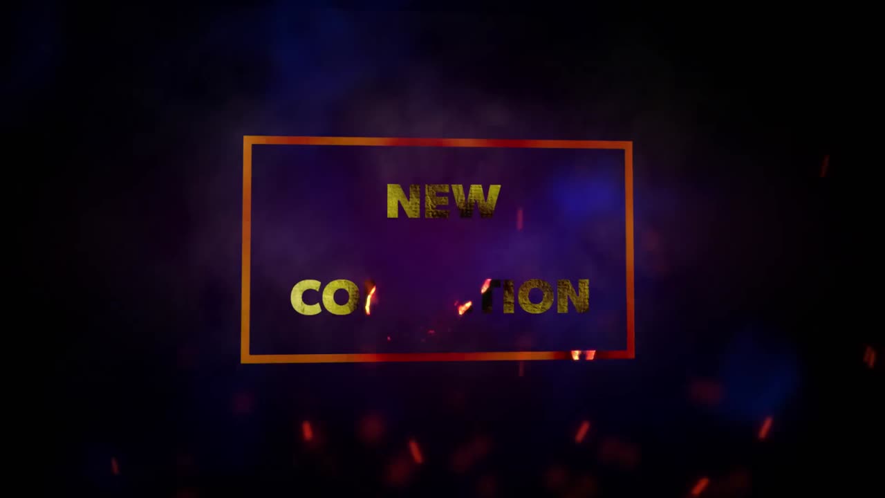 animación de texto blanco nueva colección, en marco dorado, con chispas rojas sobre fondo negro