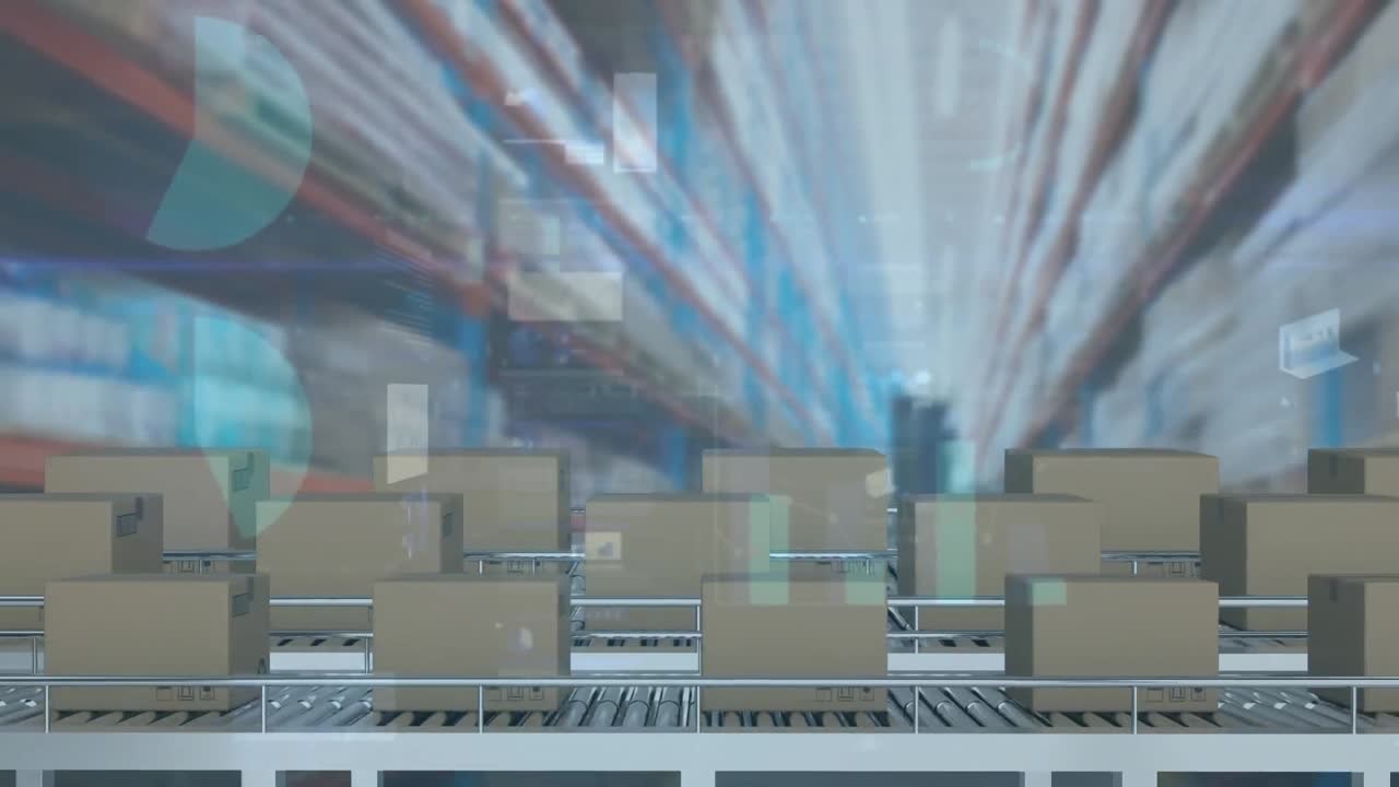 컨베이어 벨트에 있는 카드보드 상자 위에서 통계 처리의 애니메이션