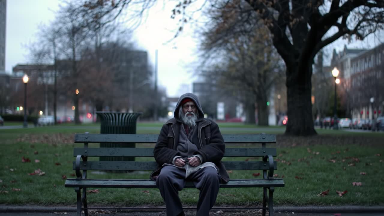 A man with a beard sits alone on a park bench, wearing a hooded jacket. Nearby, people walk by, providing contrast to his solitude in the early evening atmosphere.