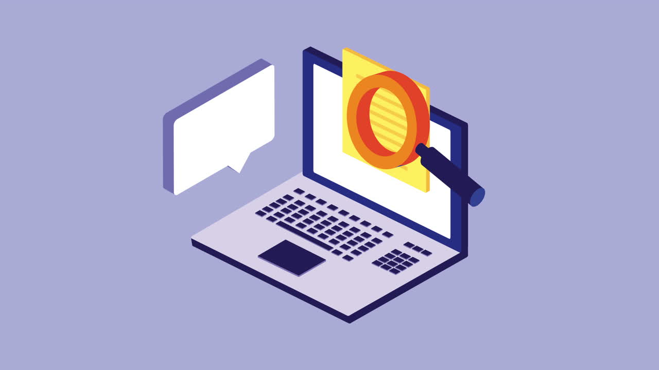 Isometric Laptop with Magnifying Glass on Document