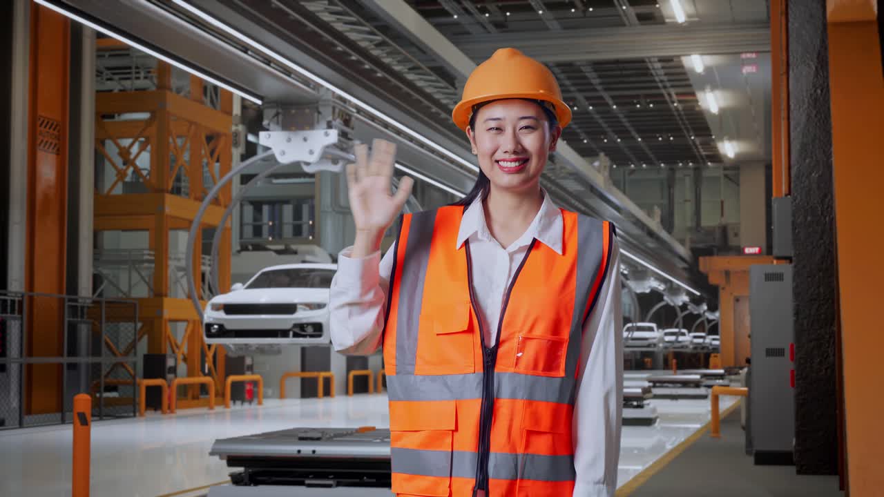 안전 헬을 입은 아시아 여성 엔지니어가 카메라를 향해 미소 짓고 손을 흔들며 ev 자동차 공장에 서서 작별 인사를 하고 있습니다.