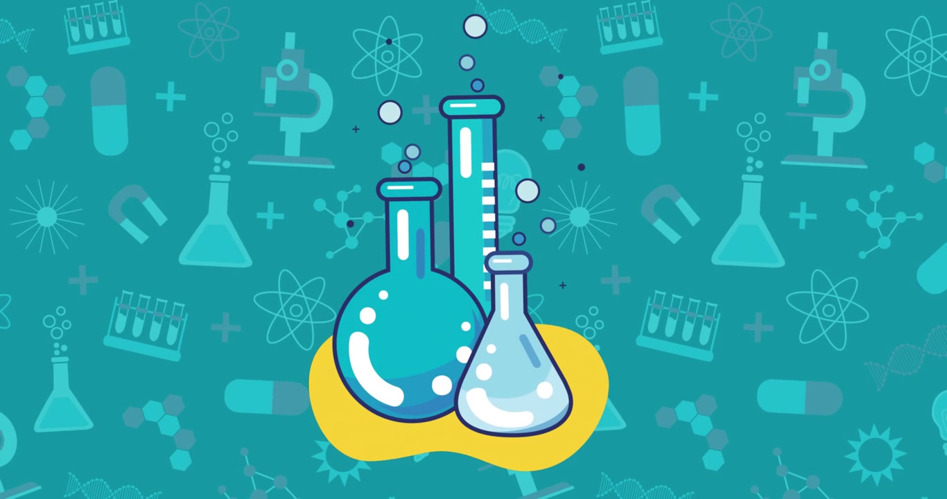Icona di becher da laboratorio su icone di concetti scientifici su sfondo blu