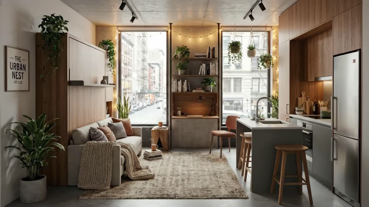 Interno di monolocale moderno e accogliente con cucina integrata e vista città