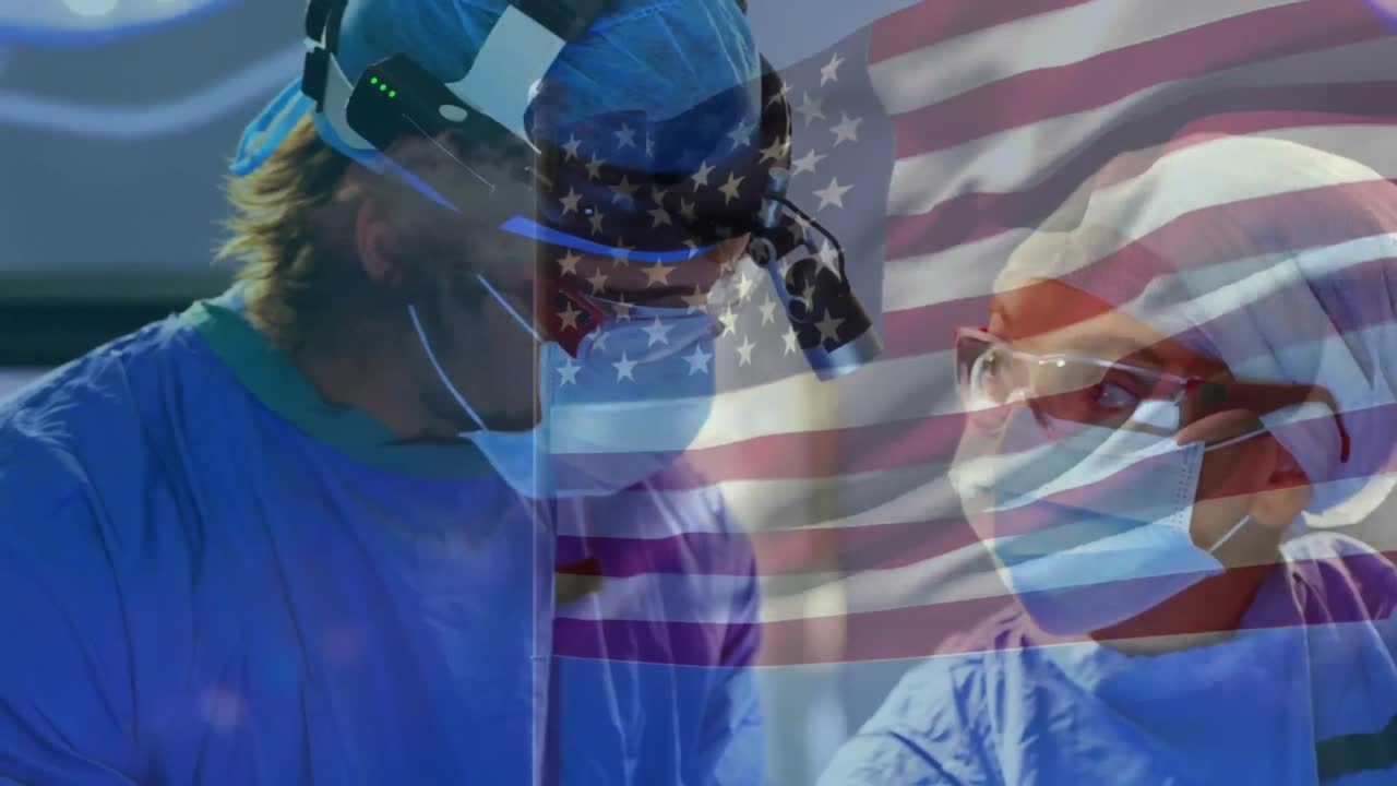수술실 에서 외과의사 들 위 에 흔들리는 미국 국기 의 애니메이션