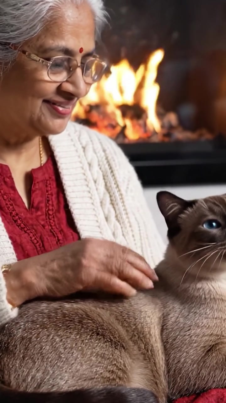 Eine ältere Frau interagiert liebevoll mit ihrer Hauskatze an einem gemütlichen Kamin und zeigt Wärme und Kameradschaft in einer ruhigen häuslichen Umgebung.