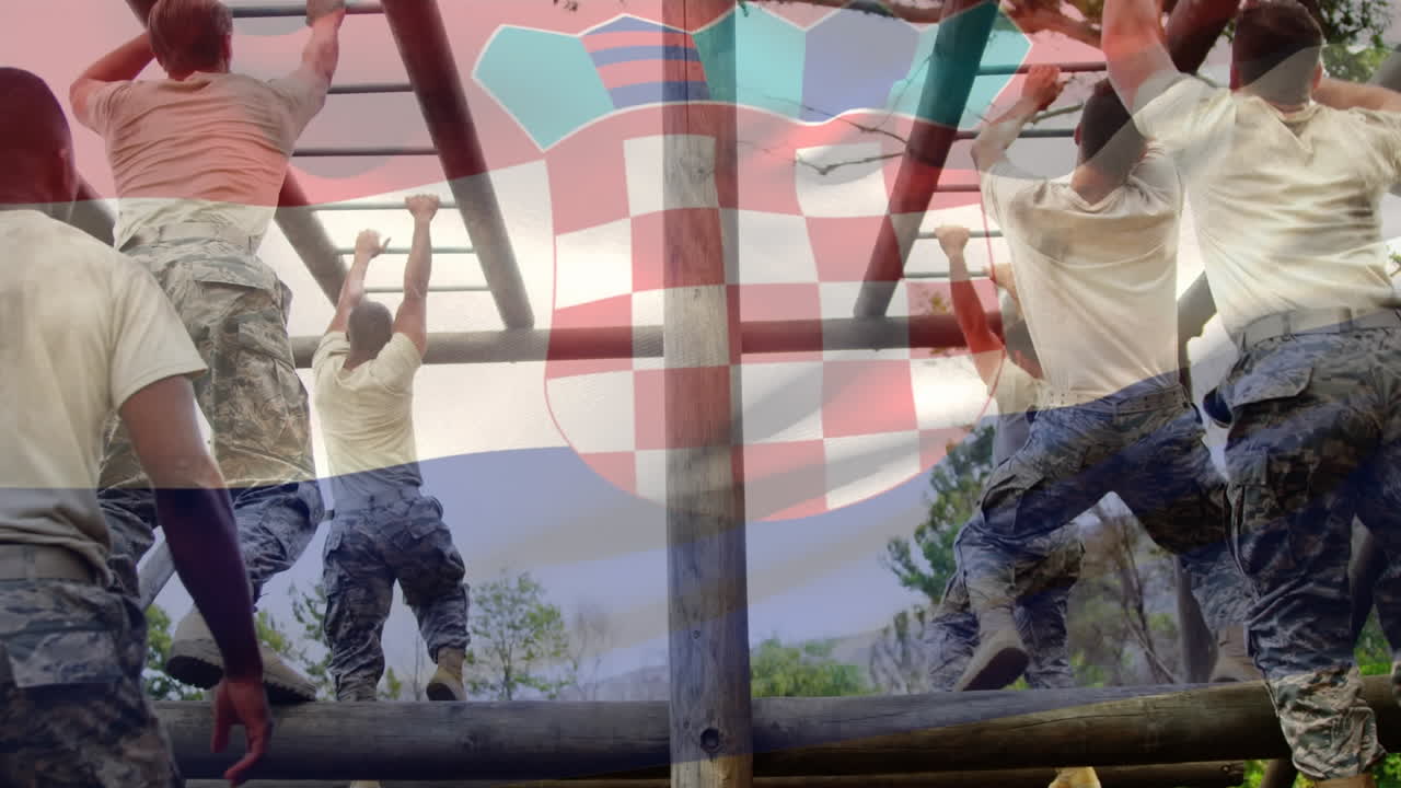 크로아티아 국기가 원이 막대기 위에서 운동하는 군인 위에 흔들리는 애니메이션