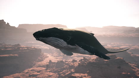 una ballena surrealista volando sobre un cañón desértico
