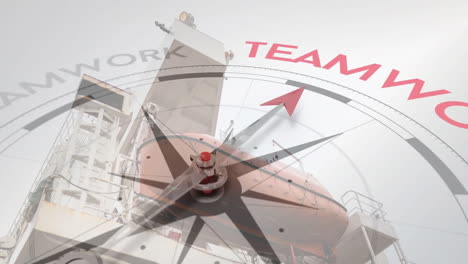 animation of compass with arrow pointing to teamwork text over ship