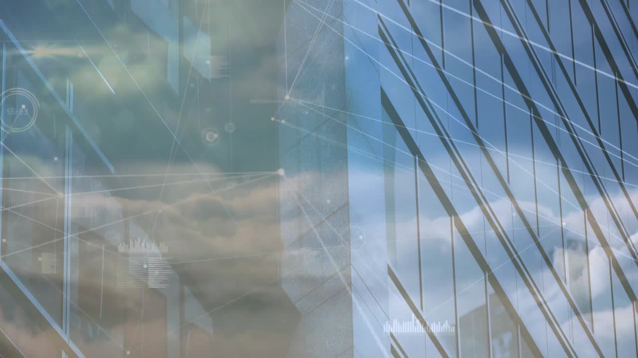 Typing hands starting data graphics pulsing across split screen building cables showing data flow