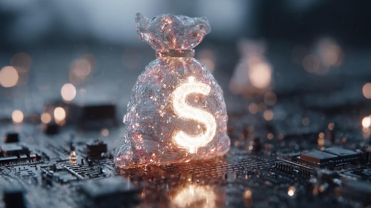 A Glowing Money Bag Symbolizing Wealth and Prosperity on a Circuit Board Background, Highlighting the Intersection of Finance and Technology