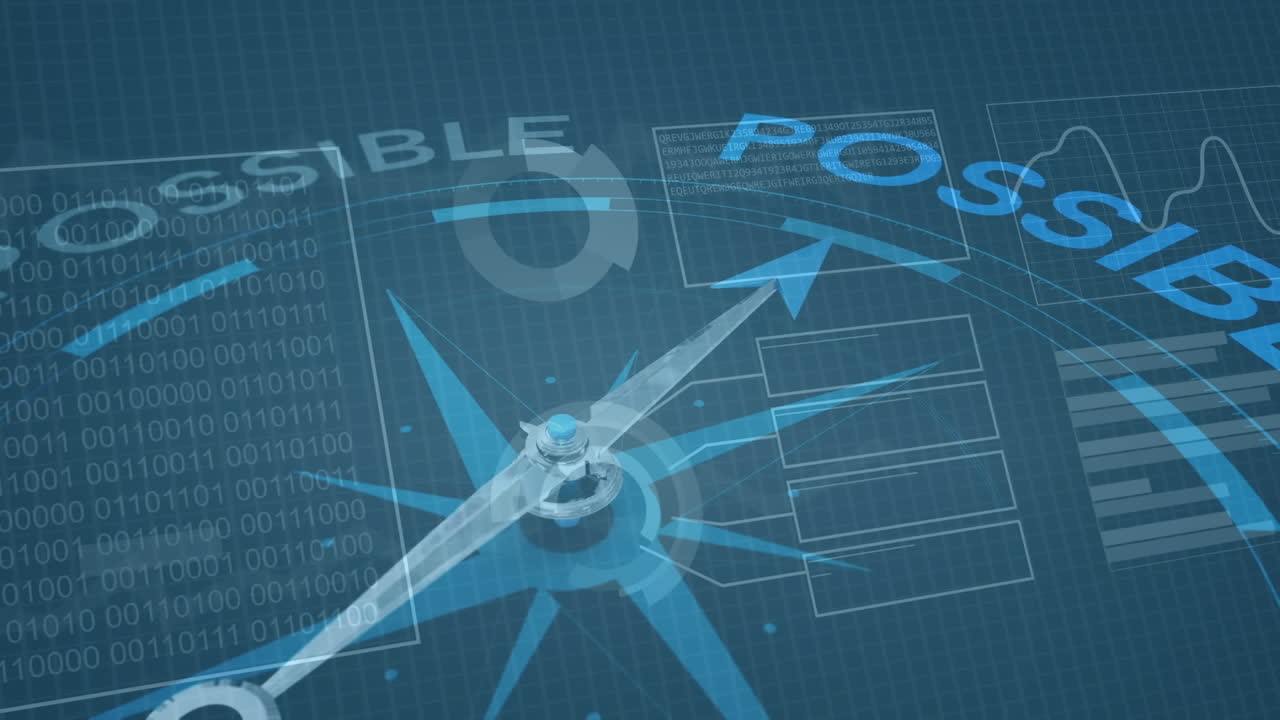 통계 및 데이터 처리의 애니메이션은 나침반을 통해 바늘이 가능한 텍스트로 이동합니다.