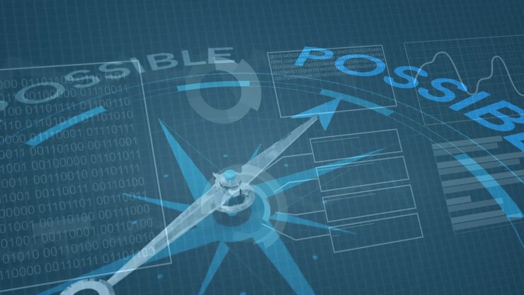 Animation of statistics and data processing over compass with needle moving to possible text