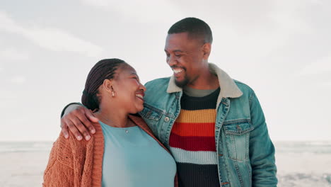 Couple,-beach-and-hug-with-smile-for-vacation