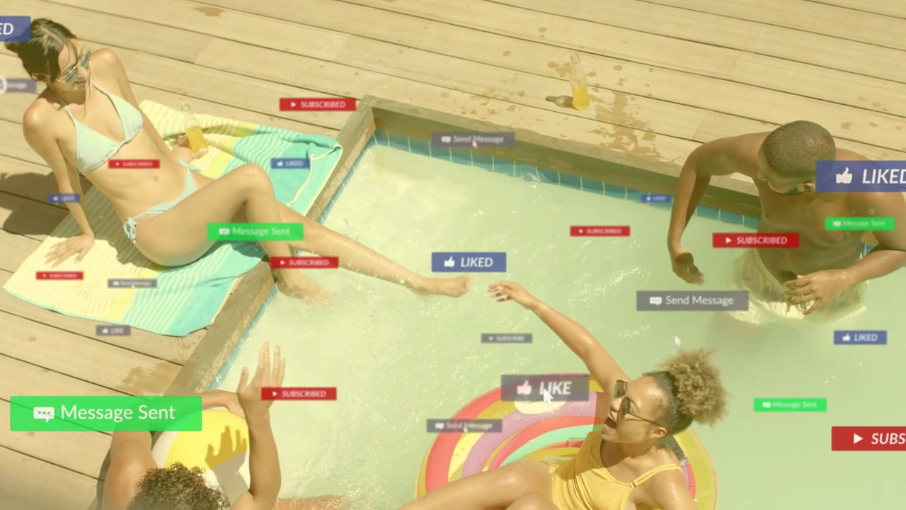 Four adults poolside, labels appearing and growing for likes, overlays causing reaching, splashing
