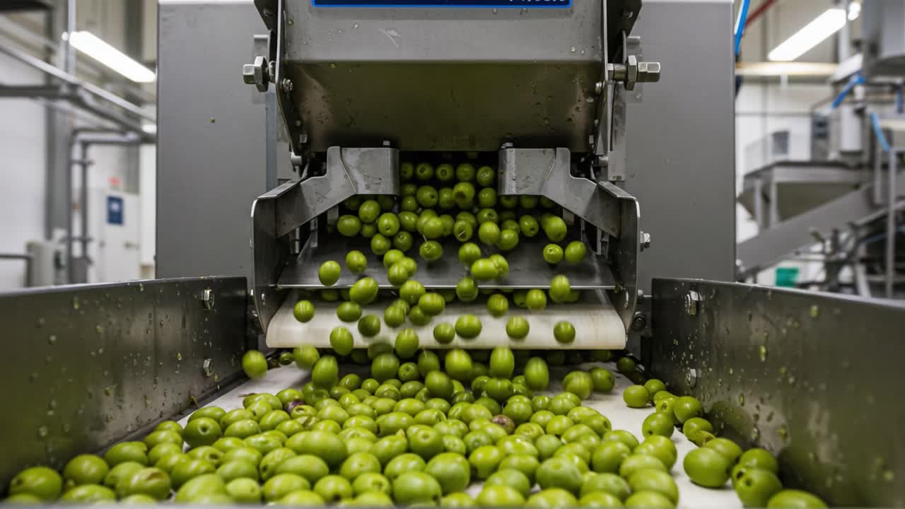 A Close-Up View of a High-Volume Olive Processing Machine Efficiently Sorting Fresh Green Olives on a Production Line in a Modern Facility