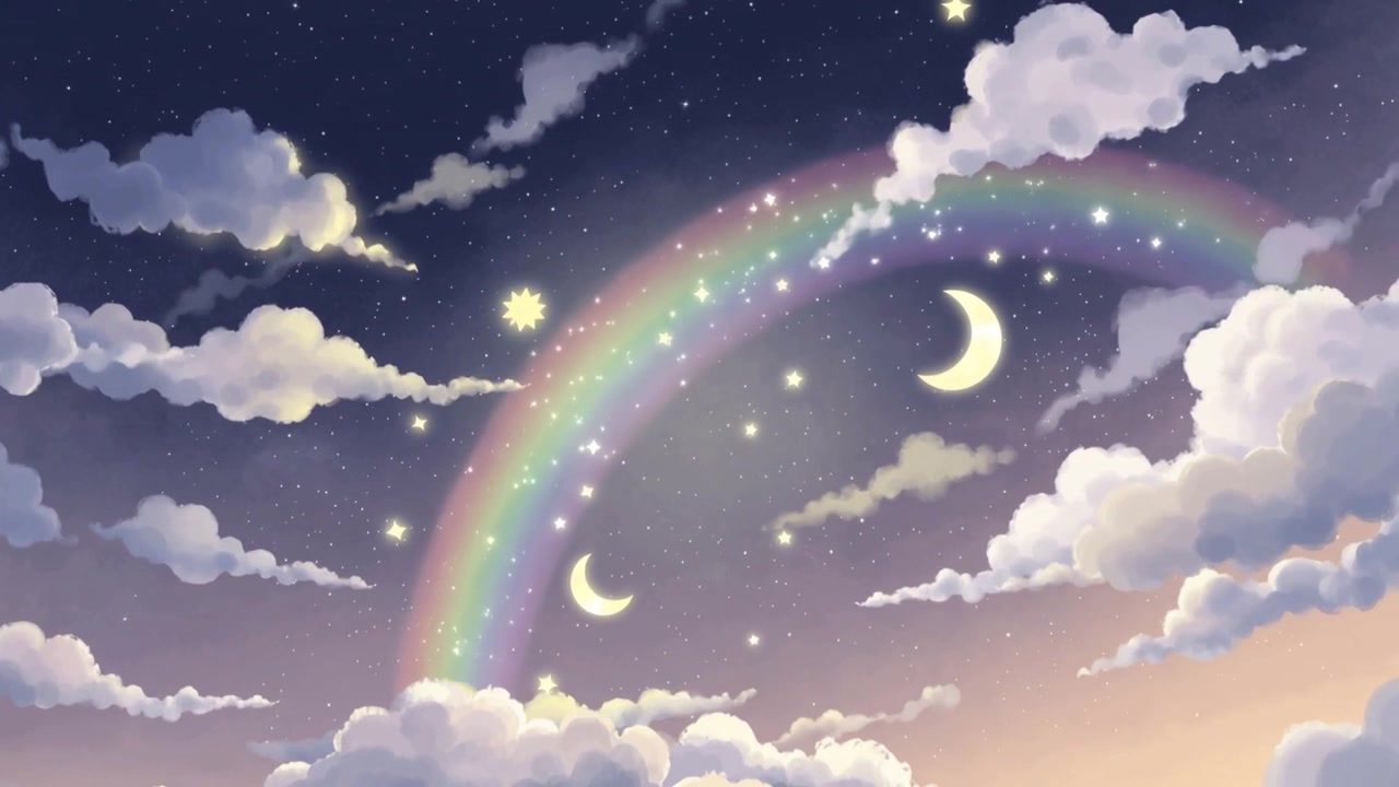 Animation starting, brightening vivid rainbow arc shifting at dusk, revealing moons sun and clouds