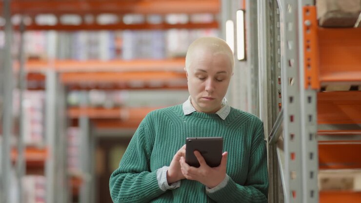 Woman working with tablet in a warehouse