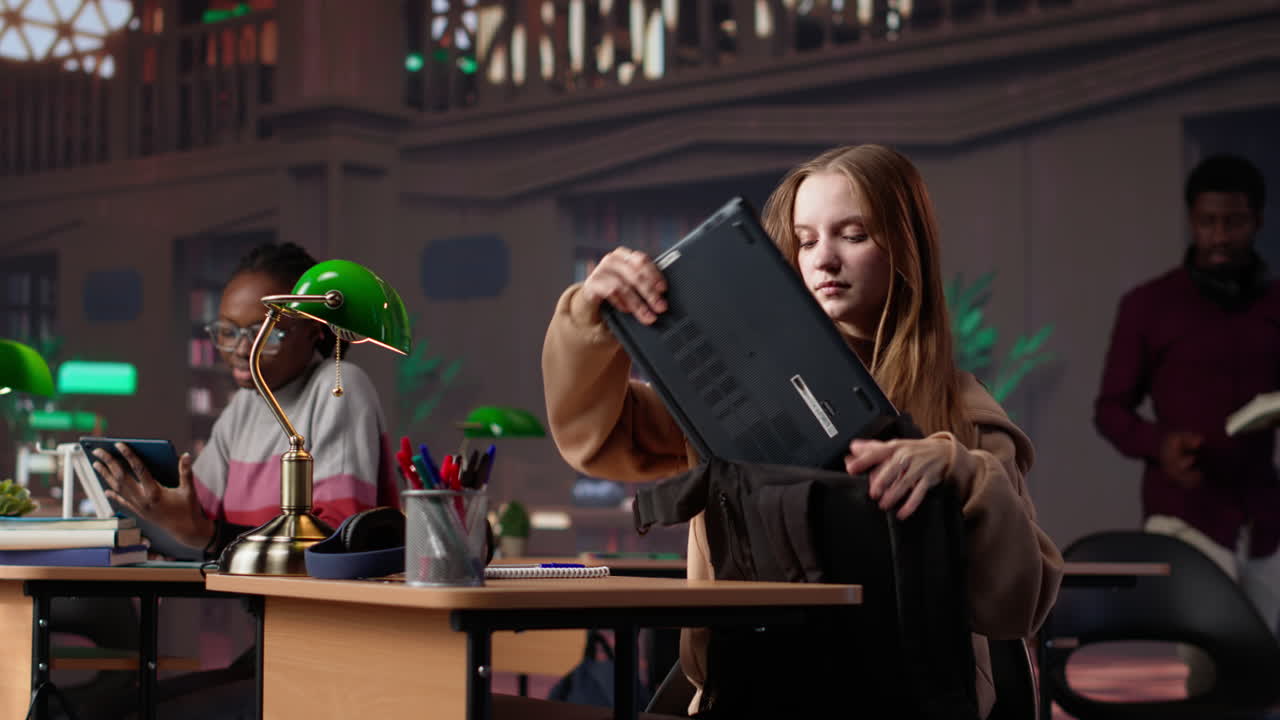 Vertical video focused girl arriving at university library and opening textbook to write notes