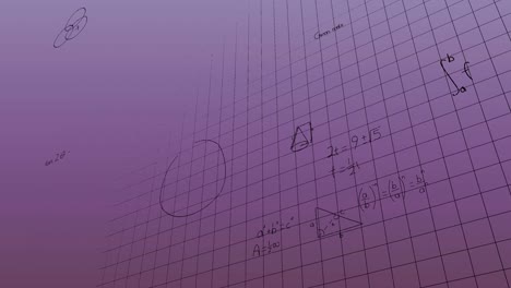 Animation-Mathematischer-Gleichungen-Und-Formeln,-Die-Vor-Einem-Violetten-Hintergrund-Mit-Farbverlauf-Schweben