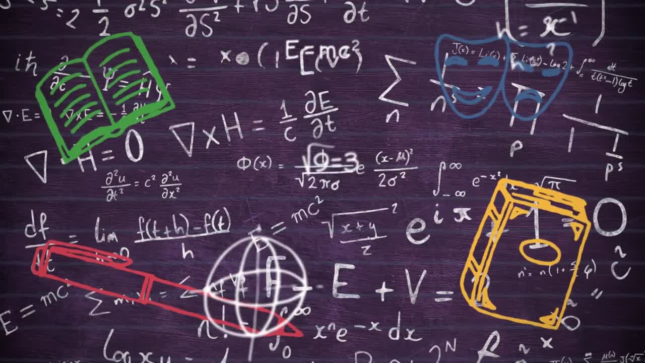 animación digital de iconos de conceptos escolares contra una ecuación matemática en fondo negro
