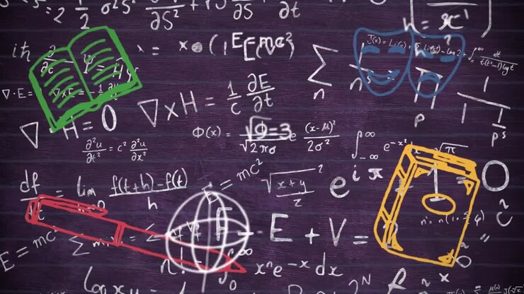 Digital animation of school concept icons against mathematical equation on black background