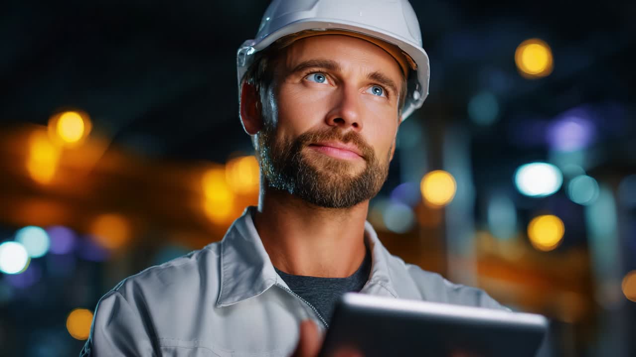 Ein konzentrierter Bauarbeiter mit Schutzhelm und Tablet, der tief in Gedanken versunken Daten analysiert und den Betrieb in einer geschäftigen industriellen Umgebung überwacht, was Hingabe und Professionalität widerspiegelt
