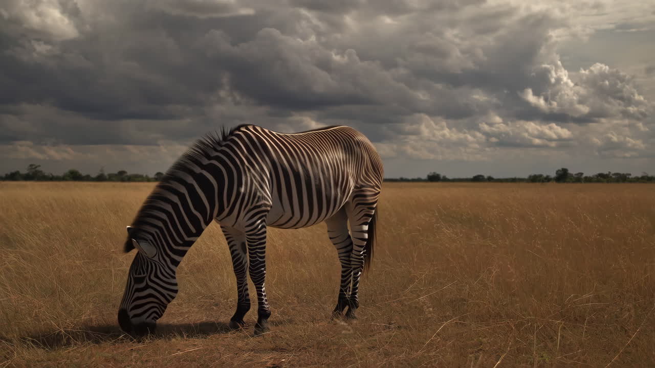 Zebra che pascola in una savana dorata sotto un cielo nuvoloso e drammatico.