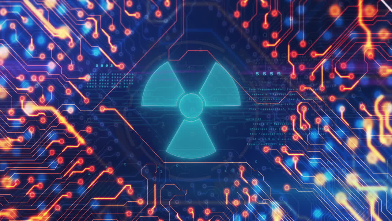 파란색 바탕에 회로판을 통해 디지털 데이터 처리의 애니메이션