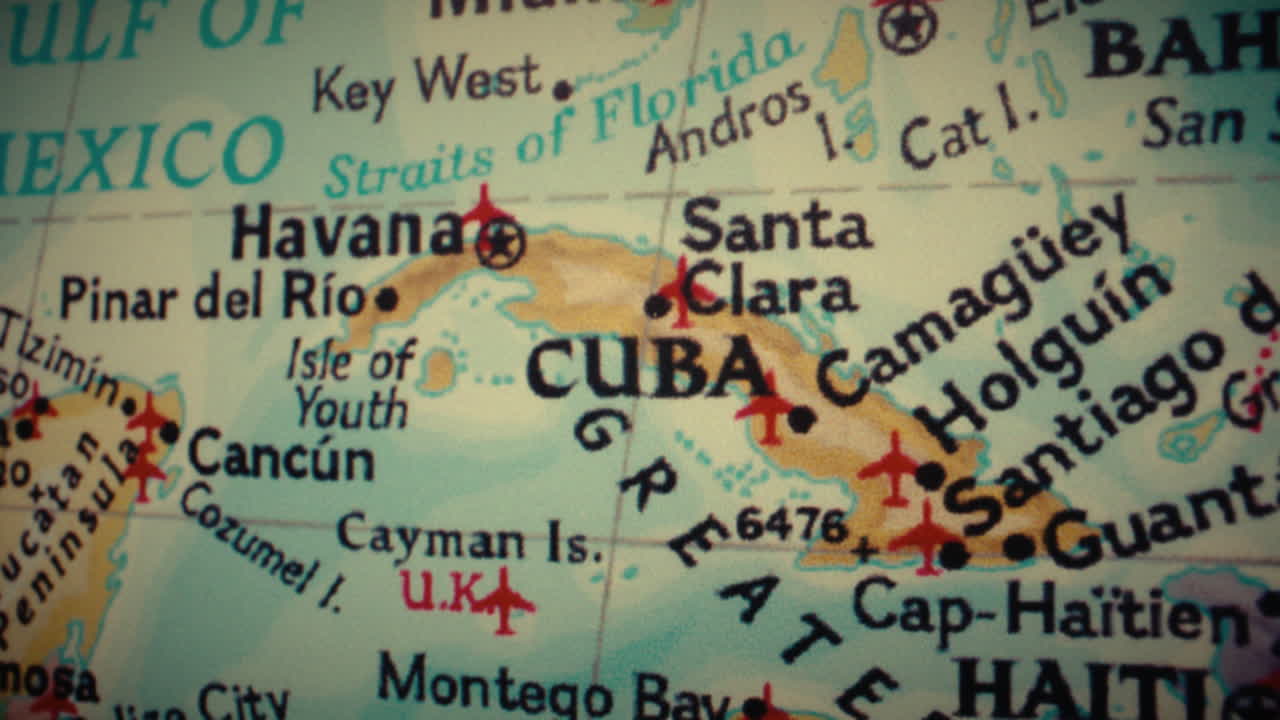 Close-up of a map showing Cuba and the surrounding Caribbean and Gulf of Mexico region