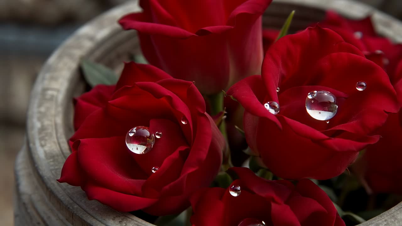 Cámara enfocando y moviéndose hacia la flor de rosa roja central en la maceta, revelando una gota oscilante