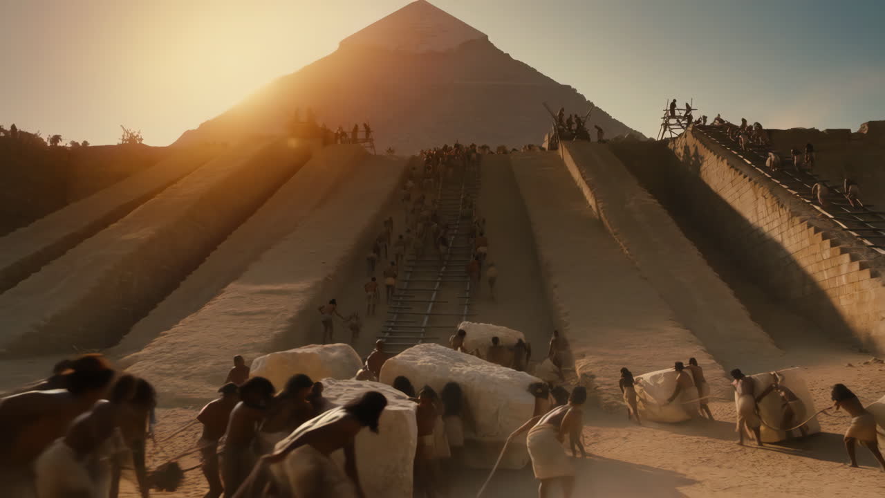 Ancient Egyptian Laborers Constructing a Pyramid at Sunrise