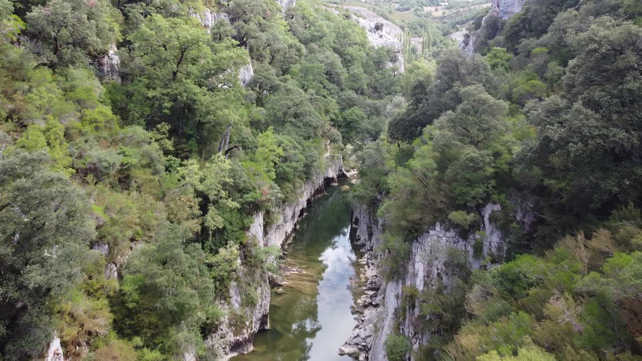 volando sobre un río tranquilo rodeado de bosque en el norte de españa