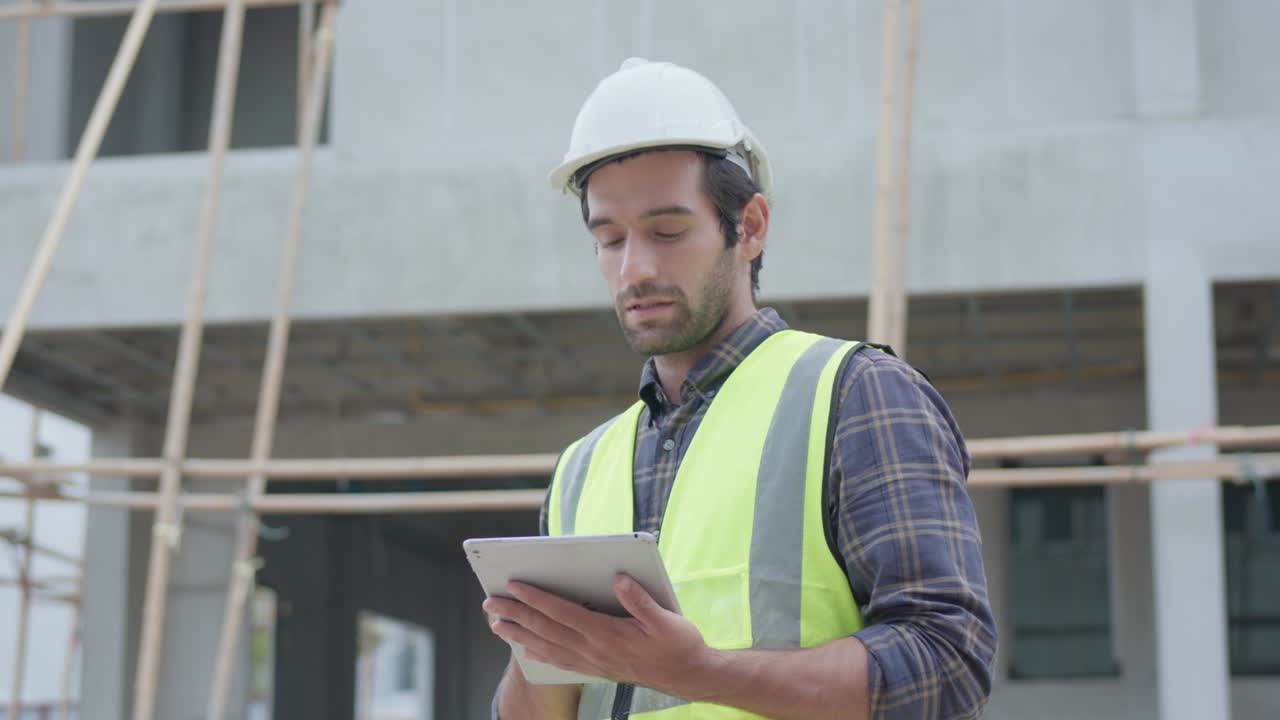 ingeniero civil profesional masculino o arquitecto usar casco de seguridad. mientras que el ingeniero guapo trabajando usando la tecnología de tableta aplicación lista de comprobación proyecto de construcción en el sitio de construcción.